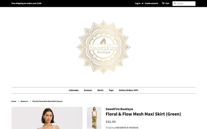 Website page titled Floral & Flow Mesh Maxi Skirt (Green) – SweetFire Boutique