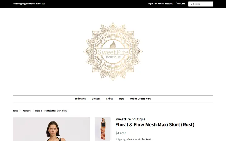 Website page titled Floral & Flow Mesh Maxi Skirt (Rust) – SweetFire Boutique