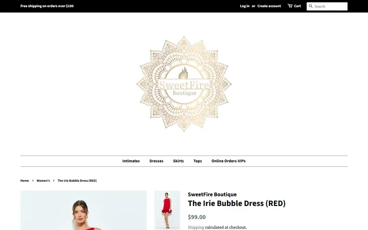 Website page titled The Irie Bubble Dress (RED) – SweetFire Boutique