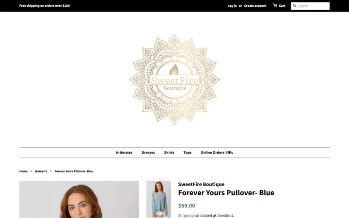 Website page titled Forever Yours Pullover- Blue – SweetFire Boutique
