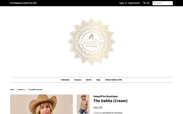 Website page titled The Dahlia (Cream) – SweetFire Boutique
