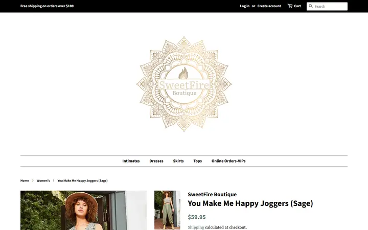 Website page titled You Make Me Happy Joggers (Sage) – SweetFire Boutique