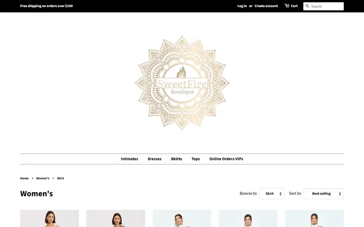 Website page titled Women's – Tagged "Skirt" – SweetFire Boutique