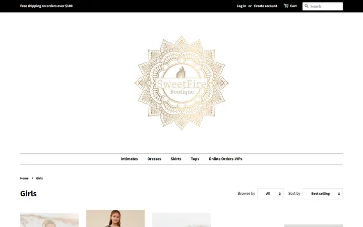 Website page titled Girls – SweetFire Boutique