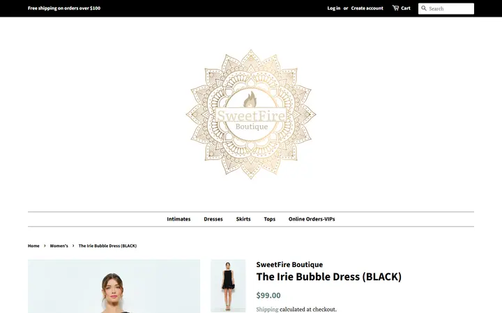 Website page titled The Irie Bubble Dress (BLACK) – SweetFire Boutique