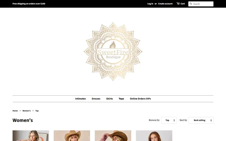 Website page titled Women's – Tagged "Top" – SweetFire Boutique
