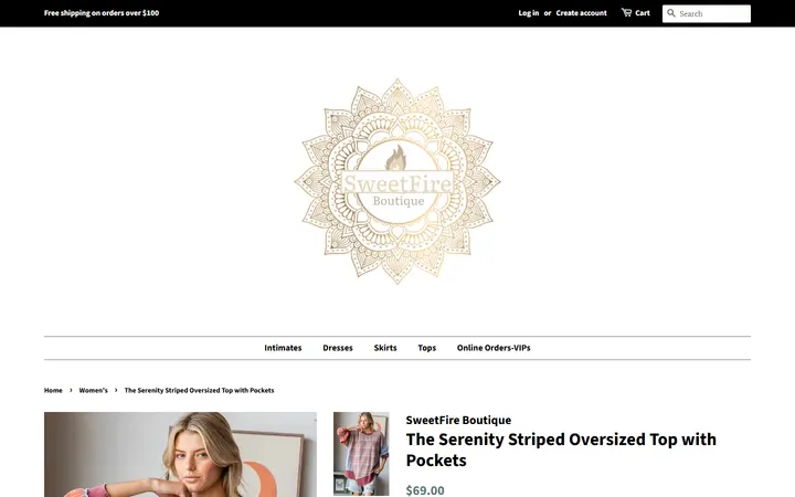 Website page titled The Serenity Striped Oversized Top with Pockets – SweetFire Boutique