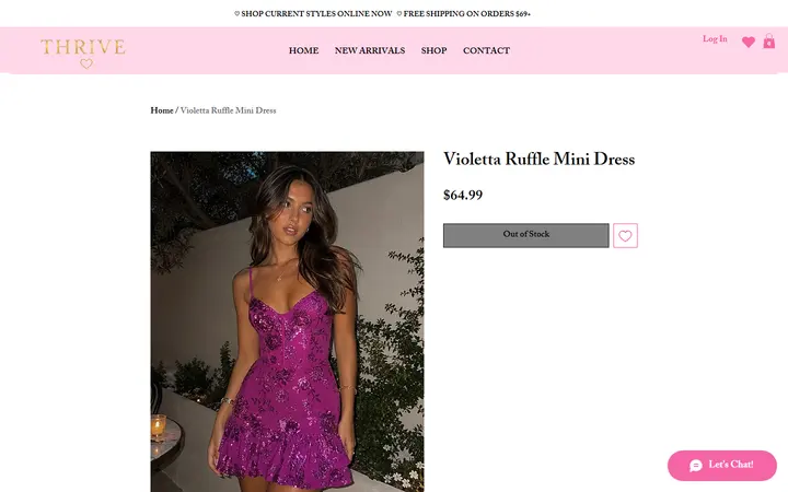 Website page titled Violetta Ruffle Mini Dress | Shop at Thrive