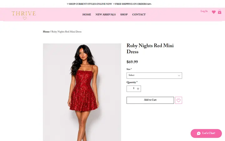 Website page titled Ruby Nights Red Mini Dress | Shop at Thrive