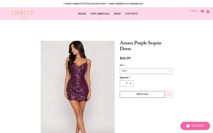 Website page titled Amara Purple Sequin Dress | Shop at Thrive