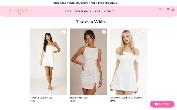 Website page titled White Dresses | Shop at Thrive