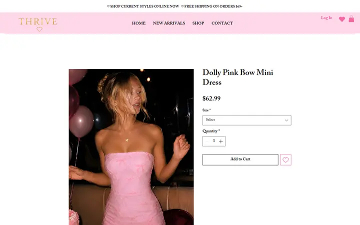 Website page titled Dolly Pink Bow Mini Dress | Shop at Thrive