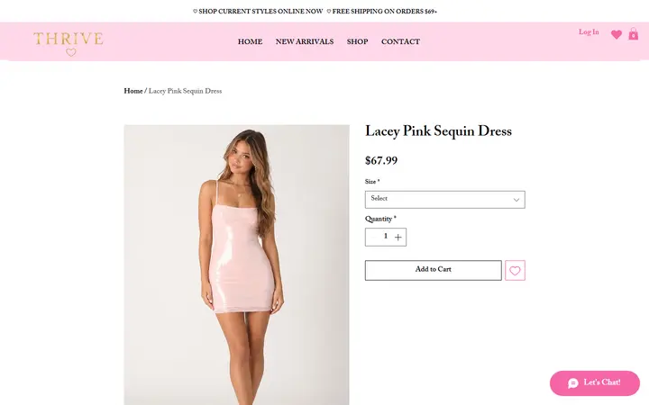 Website page titled Lacey Pink Sequin Dress | Shop at Thrive