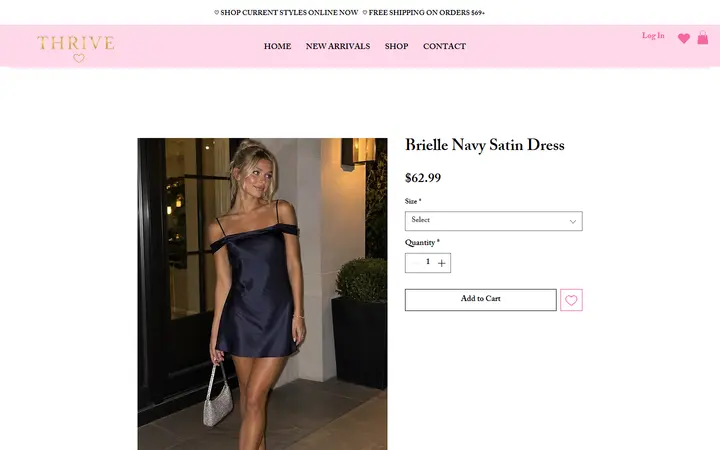Website page titled Brielle Navy Satin Dress | Shop at Thrive