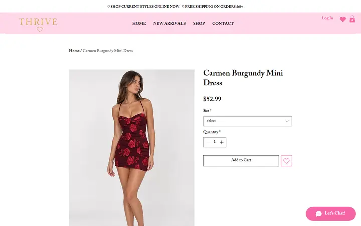 Website page titled Carmen Burgundy Mini Dress | Shop at Thrive