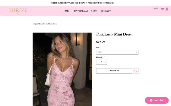 Website page titled Pink Lucia Mini Dress | Shop at Thrive