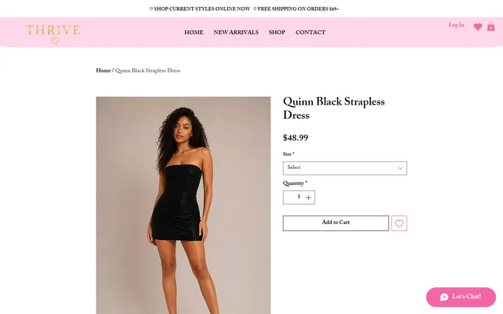 Website page titled Quinn Black Strapless Dress | Shop at Thrive