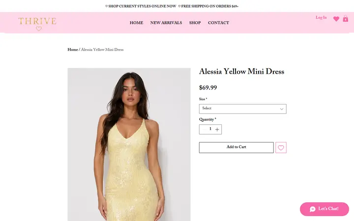 Website page titled Alessia Yellow Mini Dress | Shop at Thrive