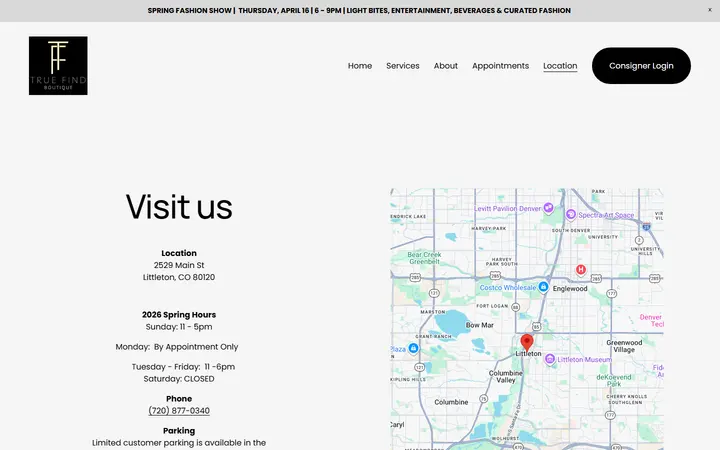 Website page titled Location — True Find Boutique