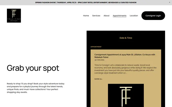 Website page titled Appointments — True Find Boutique