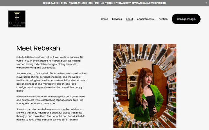 Website page titled About — True Find Boutique