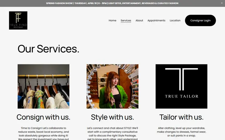 Website page titled Services — True Find Boutique