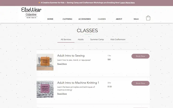 Website page titled CLASSES | elsewearcollective