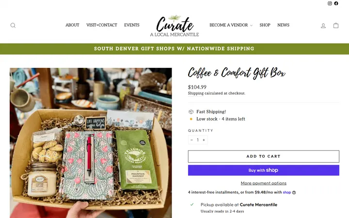 Website page titled Coffee & Comfort Gift Box – Curate: A Local Mercantile