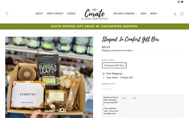Website page titled Steeped In Comfort Gift Box – Curate: A Local Mercantile