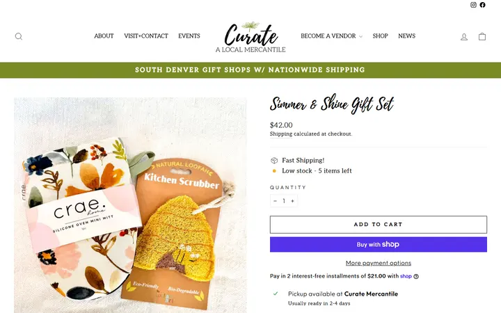 Website page titled Simmer & Shine Gift Set – Curate: A Local Mercantile