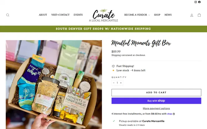 Website page titled Mindful Moments Gift Box – Curate: A Local Mercantile