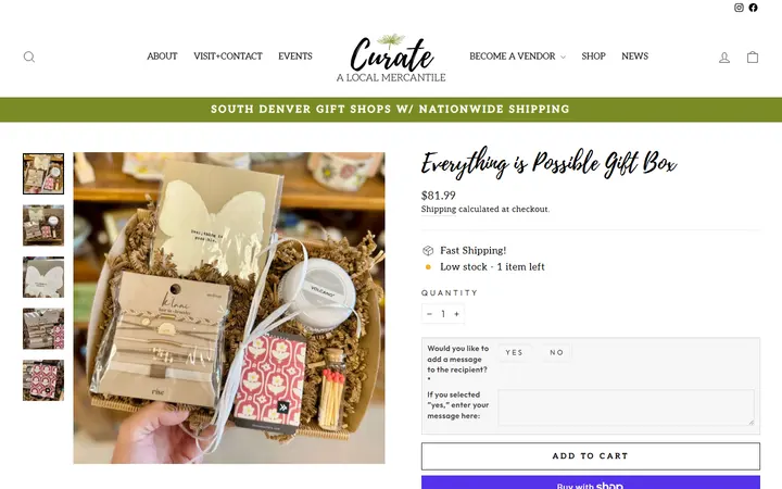 Website page titled Everything is Possible Gift Box – Curate: A Local Mercantile