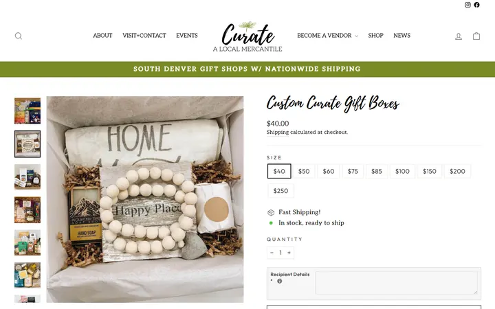 Website page titled Curate Gift Boxes from South Denver, Colorado – Curate: A Local Mercantile