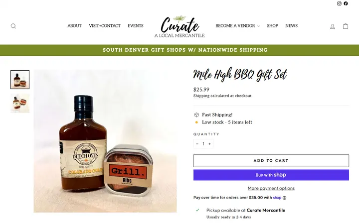 Website page titled Mile High BBQ Gift Set – Curate: A Local Mercantile