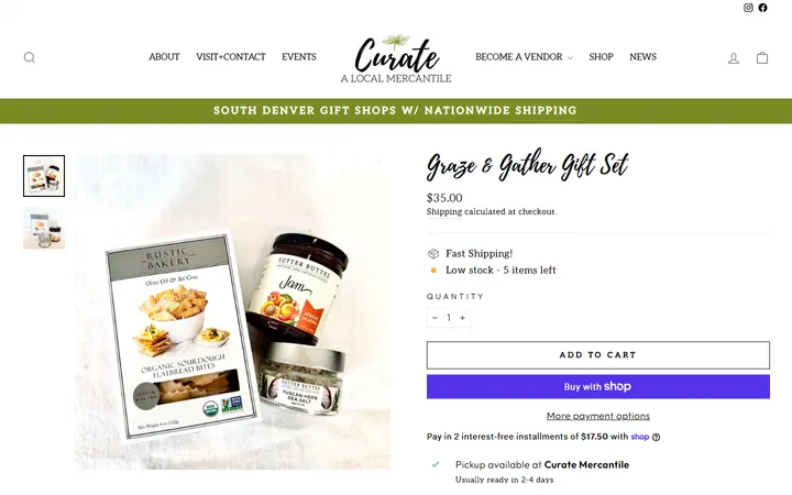 Website page titled Graze & Gather Gift Set – Curate: A Local Mercantile