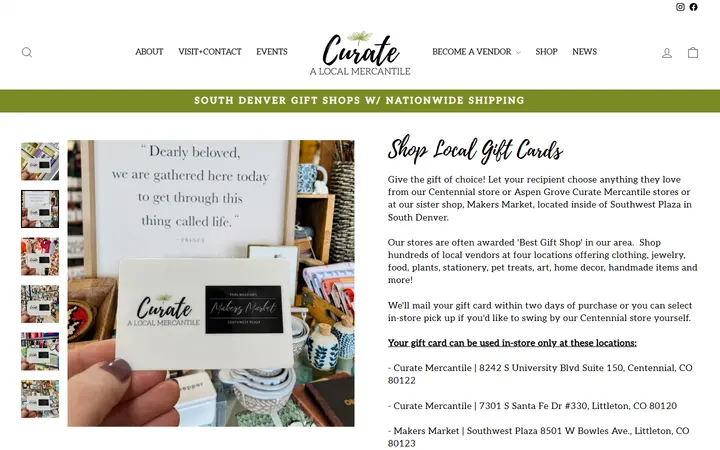 Website page titled Curate Mercantile Gift Card | Denver, Colorado – Curate: A Local Mercantile