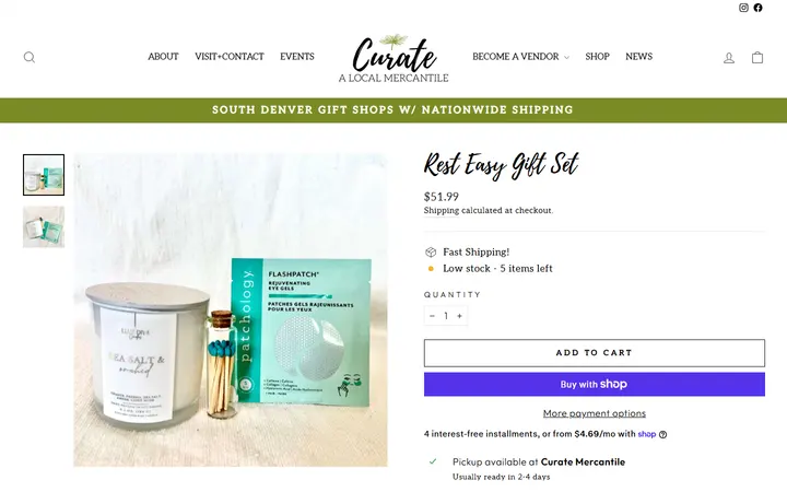 Website page titled Rest Easy Gift Set – Curate: A Local Mercantile