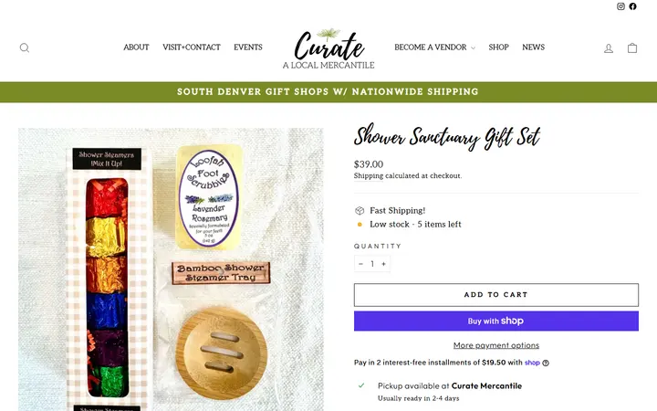 Website page titled Shower Sanctuary Gift Set – Curate: A Local Mercantile
