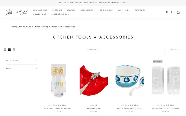 Website page titled Kitchen Tools + Accessories - Ruby Jane