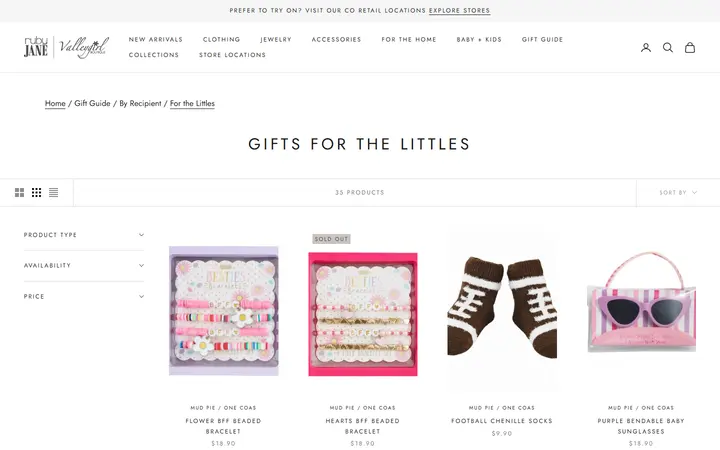 Website page titled Gift Guide for the Littles - Ruby Jane