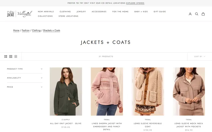 Website page titled Jackets + Coats - Ruby Jane