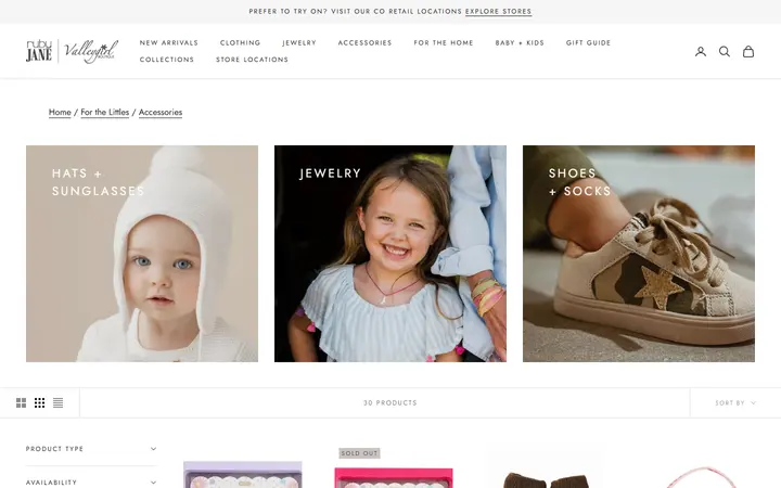 Website page titled Accessories For the Littles - Ruby Jane