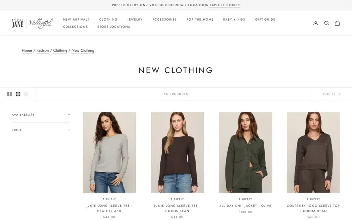Website page titled New! Clothing - Ruby Jane & Valleygirl Boutique
