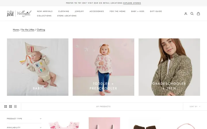 Website page titled Clothing For the Littles - Ruby Jane
