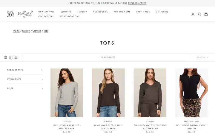 Website page titled Tops - Ruby Jane