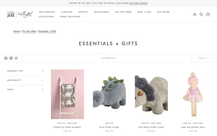 Website page titled Essentials + Gifts - Ruby Jane