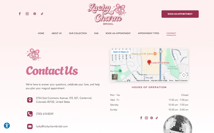 Website page titled Contact | Lucky Charm Bridal
