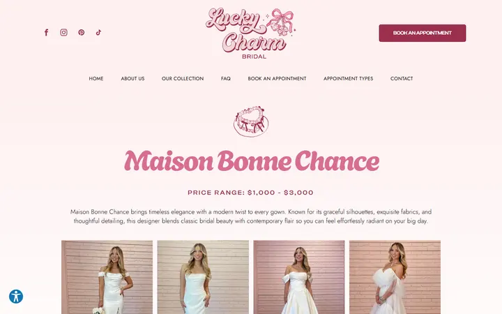 Website page titled Maison Bonne Chance | Lucky Charm Bridal