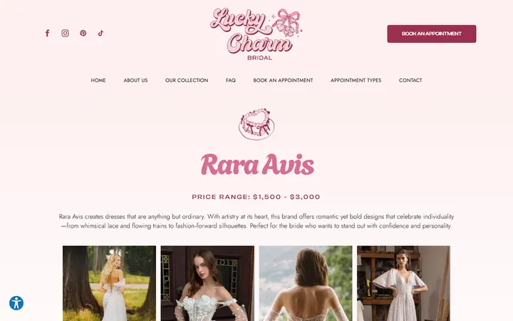 Website page titled Rara Avis | Lucky Charm Bridal