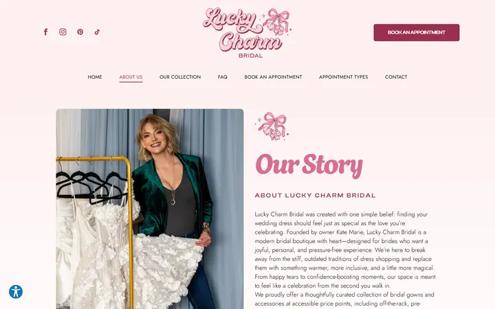 Website page titled About Us | Lucky Charm Bridal